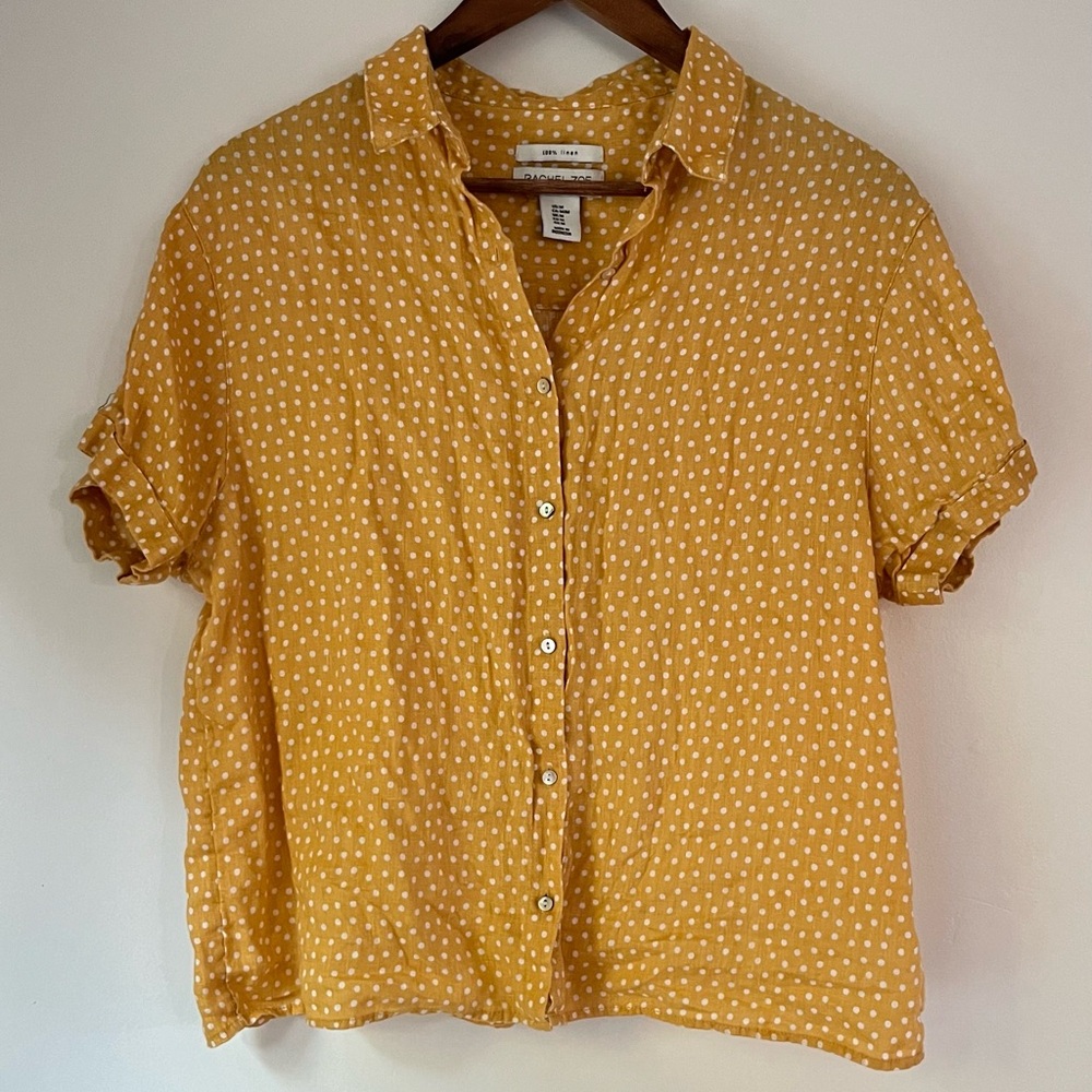 2/$20 Rachel Zoe linen button down shirt polka dot mustard yellow medium